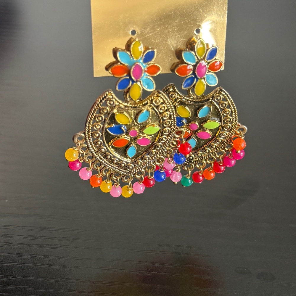 Ethnic Indian Wear Multicolor Gold Earrings - Picture 5 of 8
